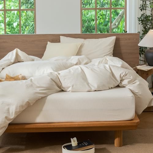 MooMee Striped Duvet Cover Set 100% Washed Cotton Linen Like King