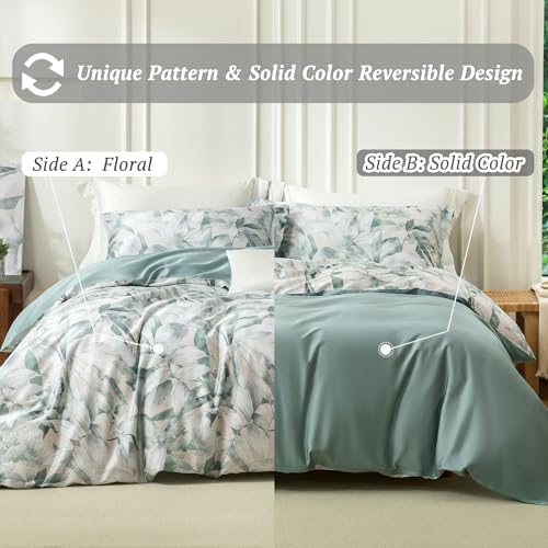 MILDLY Sage Green Leaves Duvet Cover Set 3pcs for All Season Queen