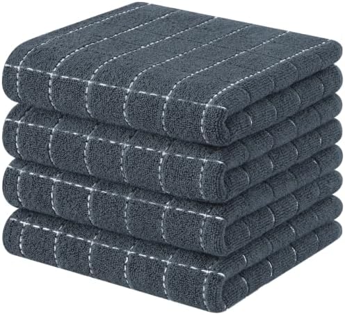 Kitinjoy 100% Cotton Terry Kitchen Towels, 13”x 28”, 4-Pack, Dark Grey