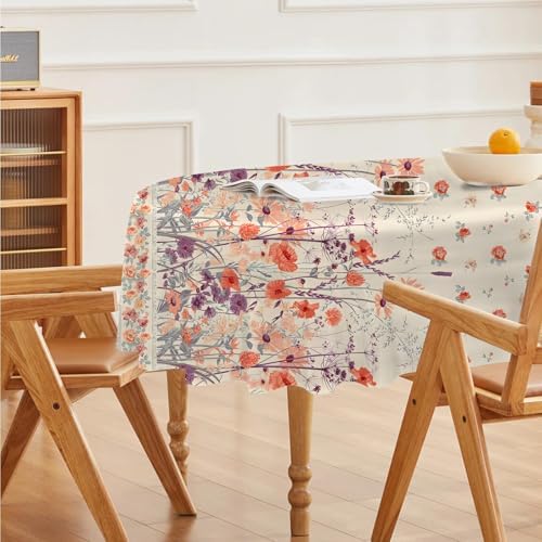Orange Floral Print Oval Table Cloth, Waterproof Duty Vinyl Plaid