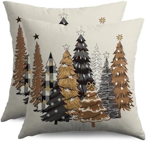 Christmas Pillow Covers 22x22 Inch Set of 2 Black Brown Xmas Tree