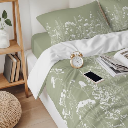 Sage Green California King 4 Piece Duvet Cover Set, White Botanical