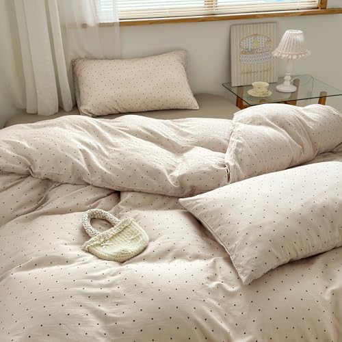 LifeTB Polka Dot Duvet Cover Set King, 100% Muslin Cotton Khaki Duvet
