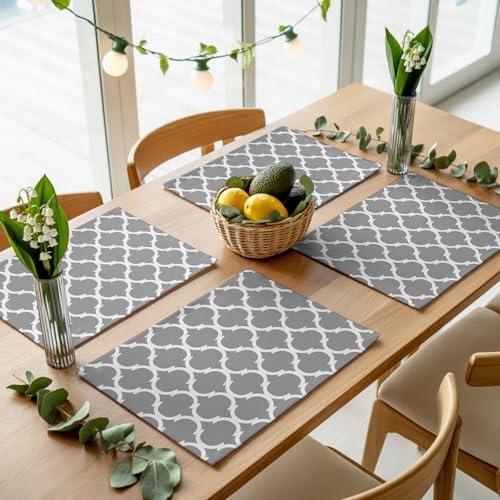 Grey Morocco Plaid Placemats Set of 8, Cotton Linen Fabric Place Mats