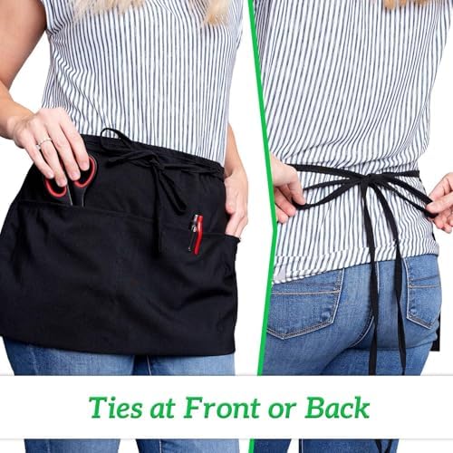 Black Half Waist Apron with 3 Pockets for Waiters, 24x12 in
