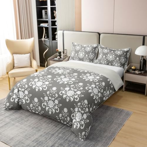 Feelyou Grey Floral Duvet Cover 100% Cotton Queen Size Boys Girls