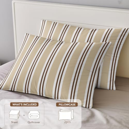 Sand Beige Stripes King 4 Piece Duvet Cover Set, Brown White Khaki
