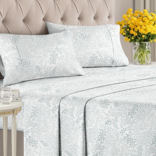 King Floral Sheets Set, 4 Pieces, Boho, Chic Bed Sheets - Gray Ferns