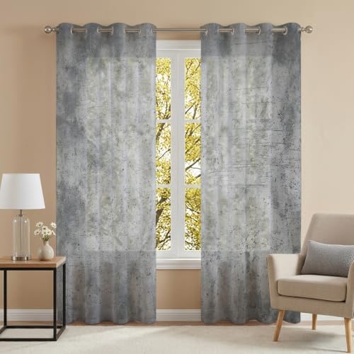 Concrete Texture Sheer Curtains 63 Inch Long 2 Panels, Industrial