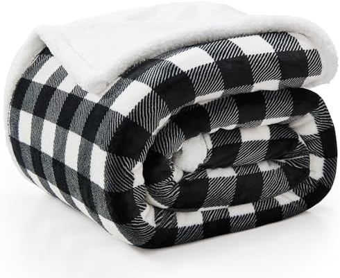 BEDELITE Black Whtie Buffalo Plaid Sherpa King Blanket for Bed