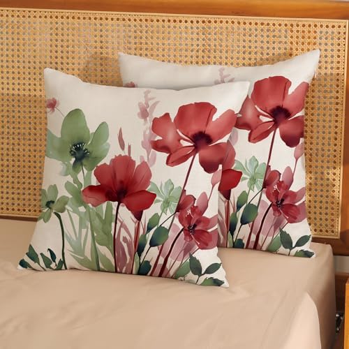 Floral Pillow Covers 18x18 Inches Set of 2 Sage Green Burgundy Red