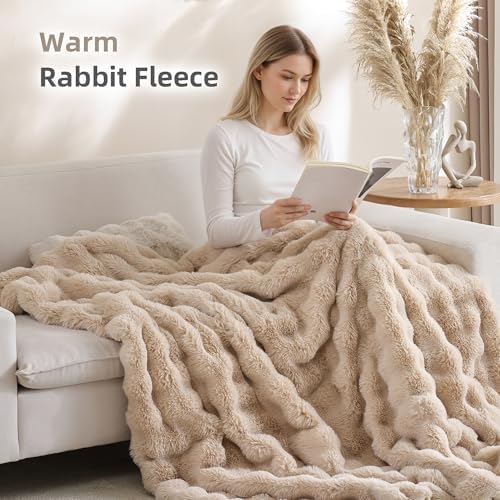 Smoofy Faux Rabbit Fur Throw for Couch - Linen Bubble Blanket 60"x80"