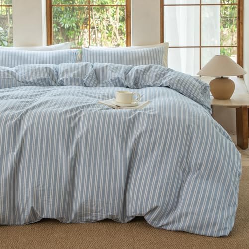 Luxury 100% Washed Cotton Linen Like Duvet Cover Set,3 Pcs Striped