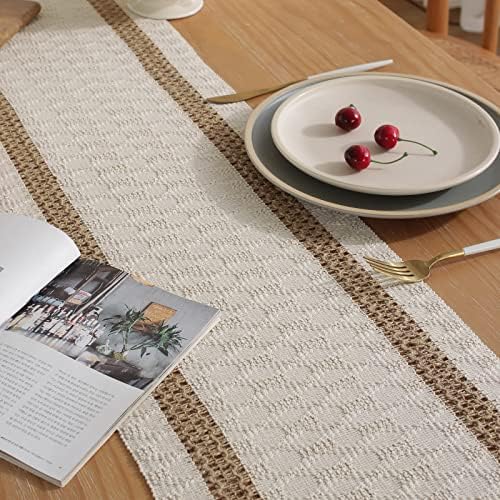 Boho Burlap Macrame Table Runner, Farmhouse Style Cotton Linen Rustic