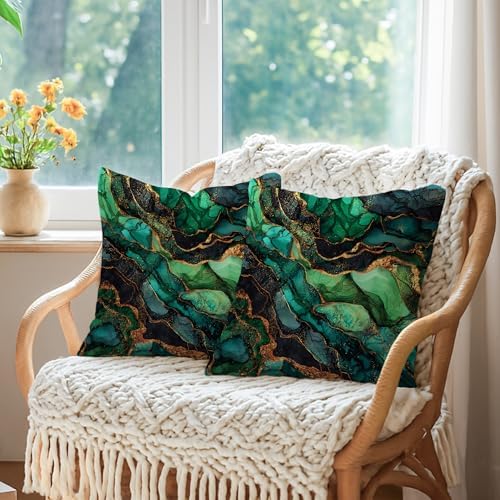 Emerald Green Abstract Throw Pillow Covers Set of 2, Glittering Art