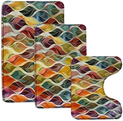 4 Pieces Bath Rugs Boho Abstract Leaves Mid Century Retro Colorful