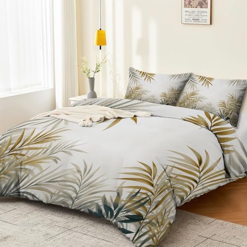 Light Gray Microfiber Duvet Cover King Size, Plant Minimalist Palm