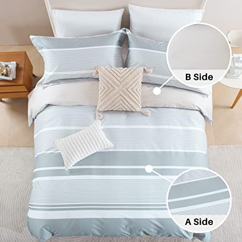 CozyDH Grey White Duvet Cover Set King Size, Modern Striped, 100%
