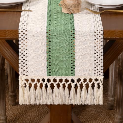 DeZerlor Ivory&Sage Green Boho Macrame Farmhouse Woven Table Runner