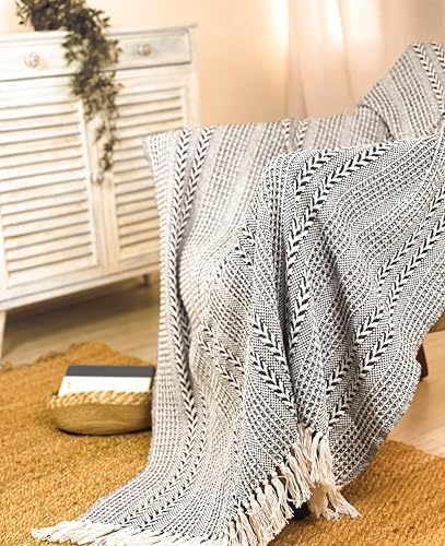 Chardin home Recycled Cotton Throw, Black & Cream, 50x60 in, Large