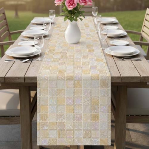 Beige Ivory Blocks Table Runner 72 inches Long Modern Abstract Art