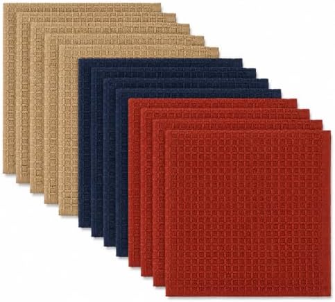 Waffle Weave Dish Cloths Set of 12, Beige Navy Rust, Cotton Blend