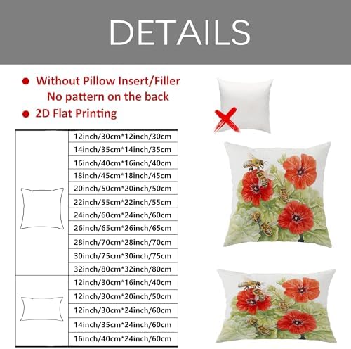Bees and Red Flowers Throw Pillow Covers Set of 2, Botanical Garden