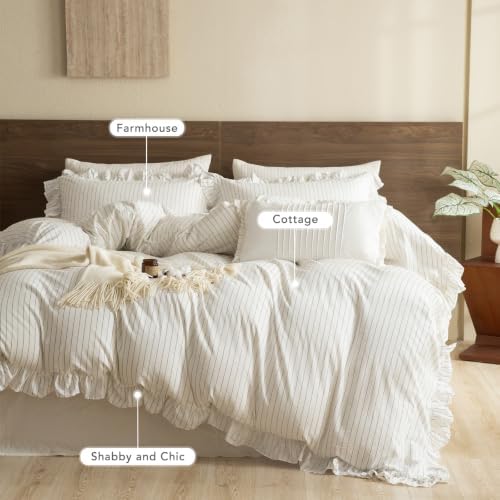 QSH White Dark Grey Wide Stripes Ruffled Duvet Cover Set King