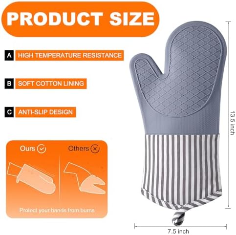 Silicone Oven Mitts, Heat Resistant Oven Gloves with Quilted Liner