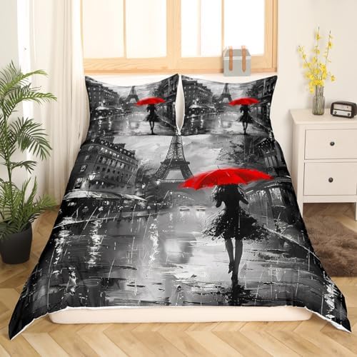 Paris Eiffel Tower Duvet Cover Set Queen Size,Rainy Night Red Umbrella