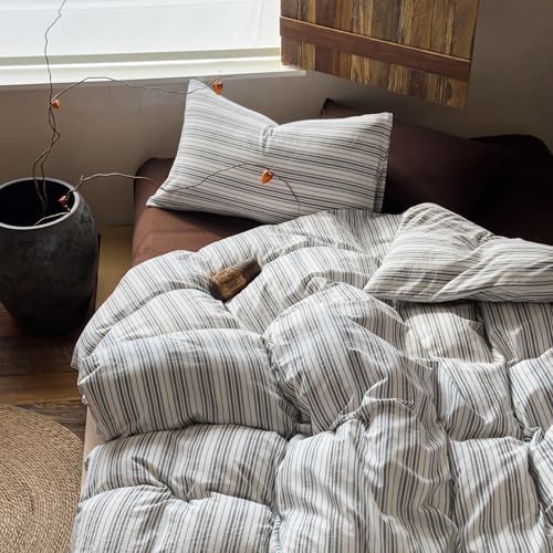 Striped Duvet Cover Set King Size 3PCS 100% Washed Cotton Minimalist