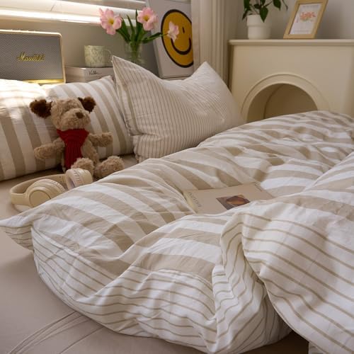 VM VOUGEMARKET Khaki Striped Duvet Cover Set,Queen(90"x90"),Khaki