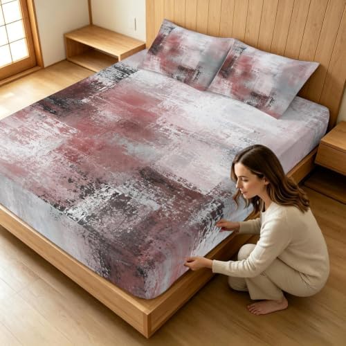 Queen Fitted Sheet Deep Pocket, Red Gray Graffiti Texture Soft