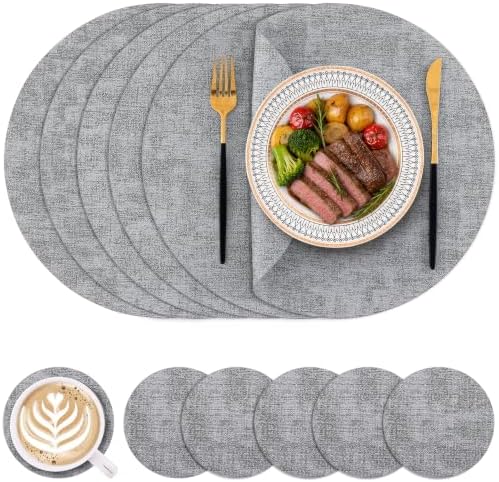 Homaxy Round Faux Leather Placemats and Coasters, Set of 6, Light Grey