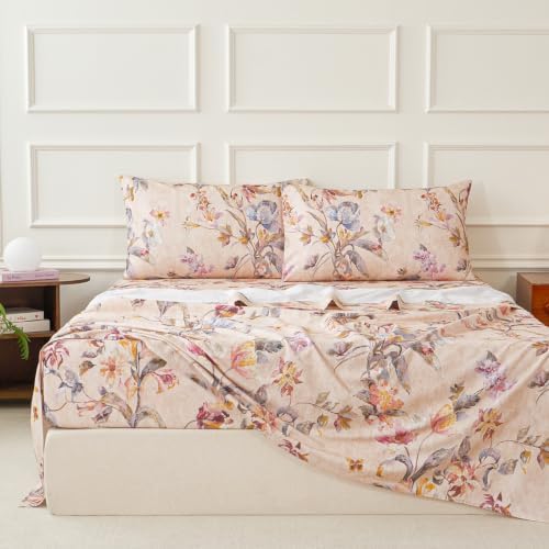 Beige Floral Bed Sheets Set King 100% Brushed Cotton Flannel-Like
