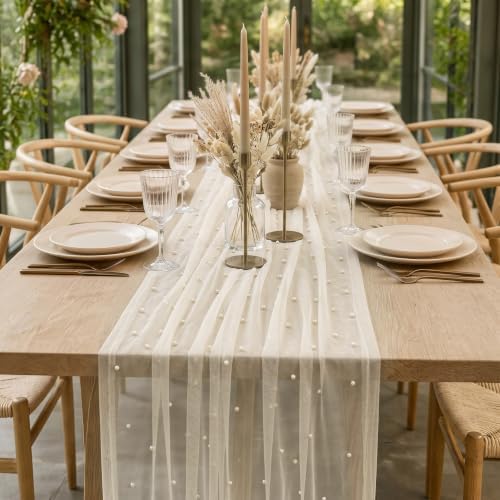 Beige Pearl Gauze Table Runner 120 Inch 10PCS, Dining Wedding Table