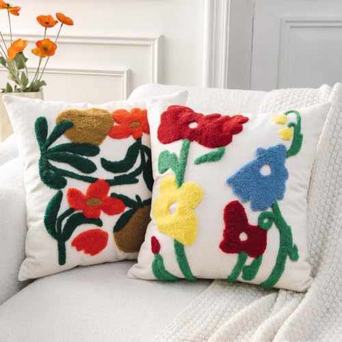 Boho Art Red Spring Floral Embroidered Throw Pillow Cover 18"x18" Set