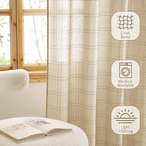 RYB HOME Rustic Linen Blend Gingham Curtains for Living Room 84 Inch