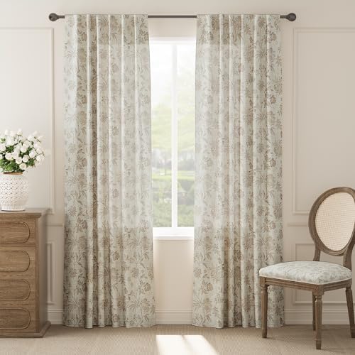 Vangao Taupe Floral Linen Curtains Farmhouse Jacobean Vine 84L 2