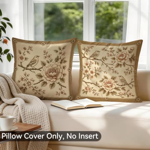 Vintage Beige Rose Bird Throw Pillow Covers Set of 2 18x18 Botanical