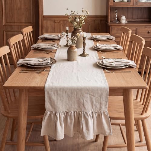 Gilprop Boho Ruffled Table Runner Linen, 13 x 108 Inch, Linen Beige