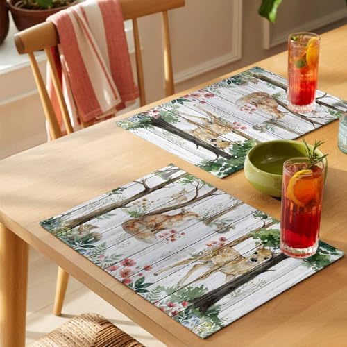 Placemats Set of 8, Spring Forest Animals Woven Placemat, Linen Place