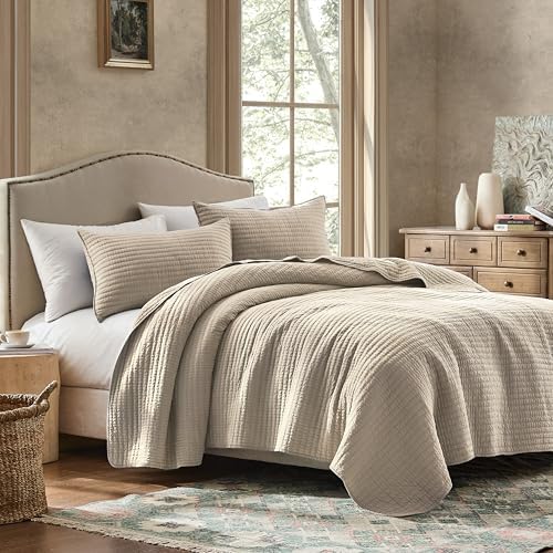 WDCOZY 100% Cotton California King Size Quilt Set, Pick Stitch, Beige