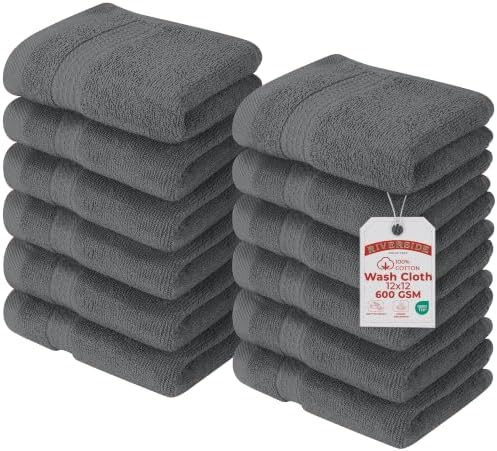 RIVERSIDE 12 Pack Premium Wash Cloths, 12x12 in, 600 GSM, Grey
