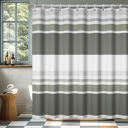 Renaiss Gray Green Striped Waffle Weave Small Stall Shower Curtain