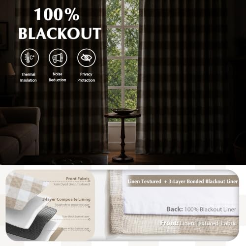 DriftAway 100% Blackout Plaid Curtains Buffalo Check 72 Inches Taupe