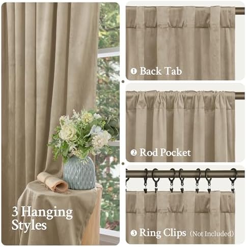LAMIT Taupe Velvet Curtains 72 Inches Long for Living Room, 2 Panels