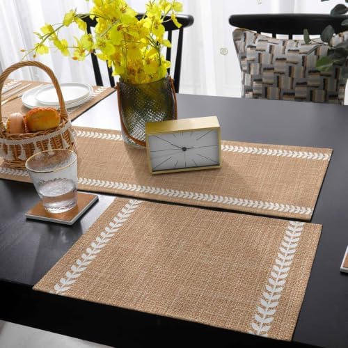 Boho Linen Table Runner and Placemats Set of 6 Leaf Stripes Linen
