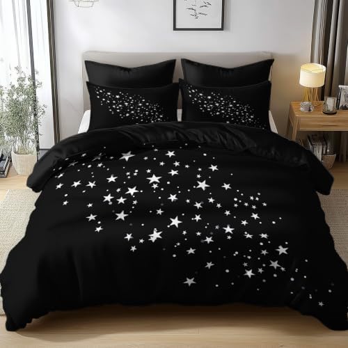 King Duvet Cover Set Soft Microfiber Simple Stars Black
