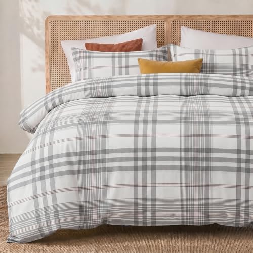 Merryword 100% Cotton Gray Plaid Duvet Cover Set, 100% Washed Cotton